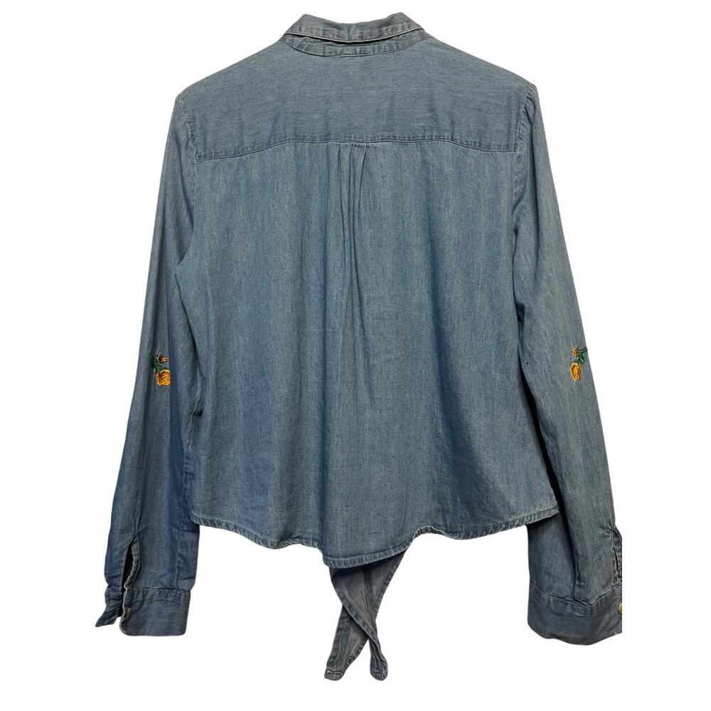 VTG Harper Heritage Women XL Denim Shirt Yellow Rose Embroidery Asymmetrical Hem - Picture 9 of 16
